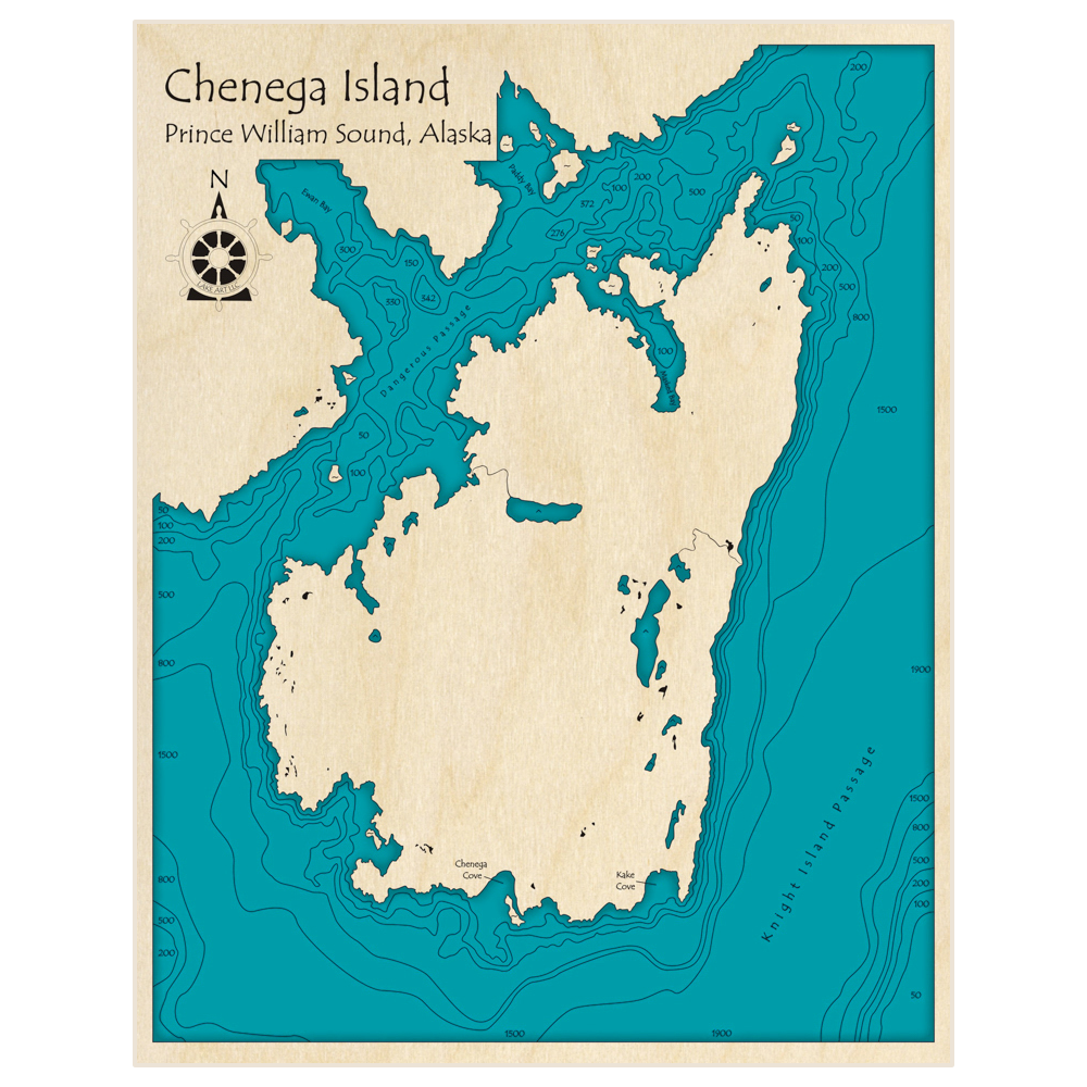 Bathymetric topo map of Chenaga Island with roads, towns and depths noted in blue water