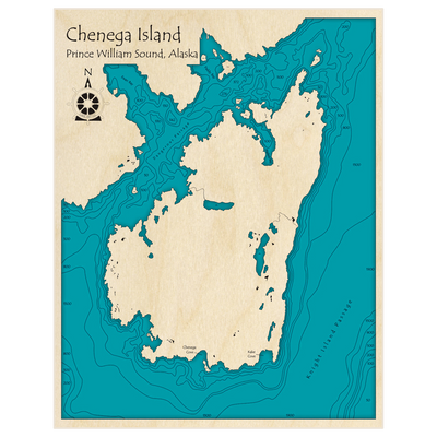 Bathymetric topo map of Chenaga Island with roads, towns and depths noted in blue water