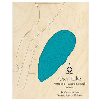 Bathymetric topo map of Cheri Lake  with roads, towns and depths noted in blue water