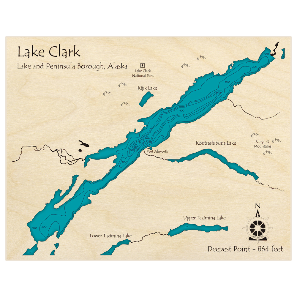 Bathymetric topo map of Lake Clark with roads, towns and depths noted in blue water
