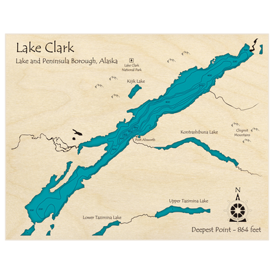 Bathymetric topo map of Lake Clark with roads, towns and depths noted in blue water