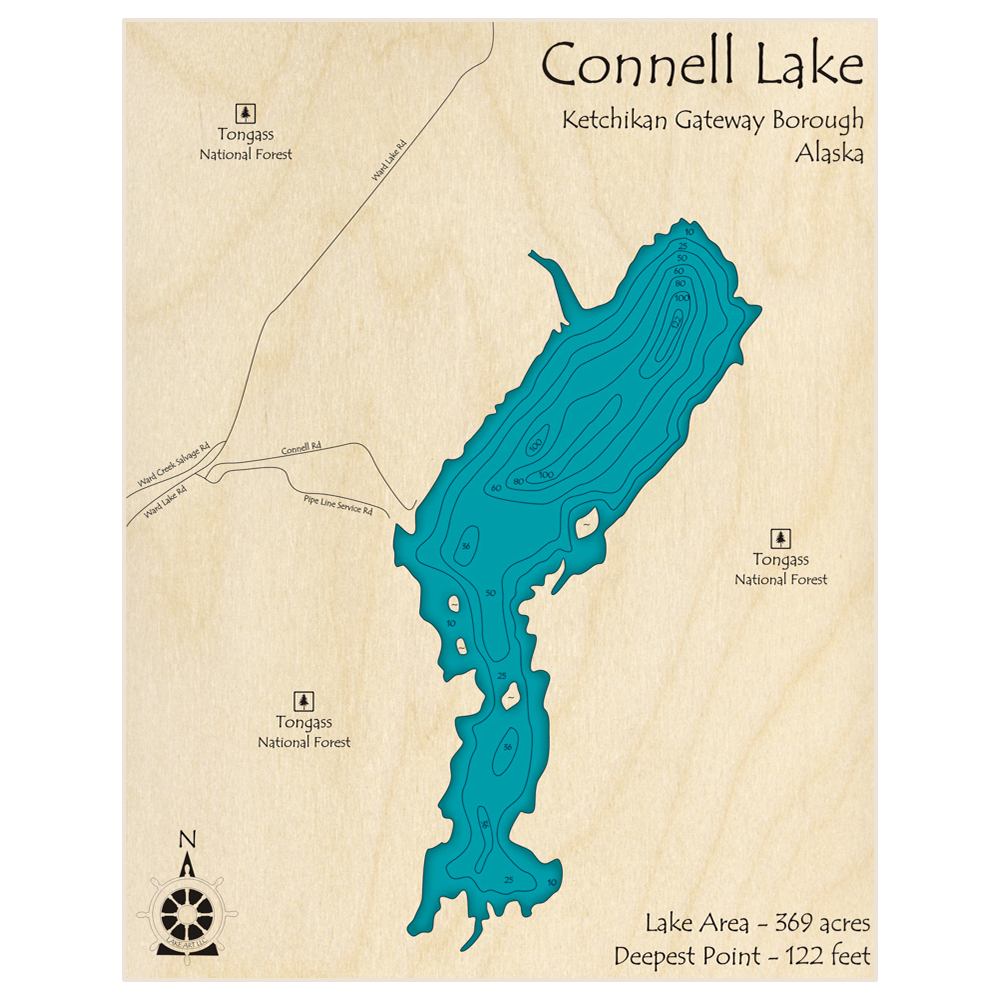 Bathymetric topo map of Connell Lake with roads, towns and depths noted in blue water