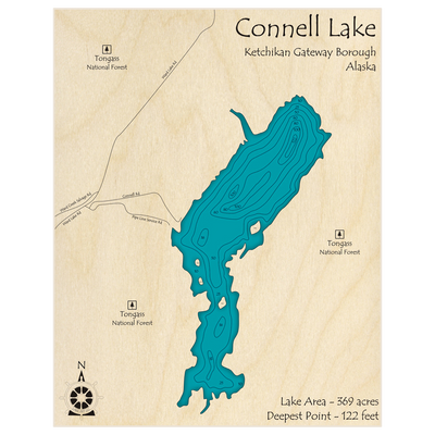 Bathymetric topo map of Connell Lake with roads, towns and depths noted in blue water