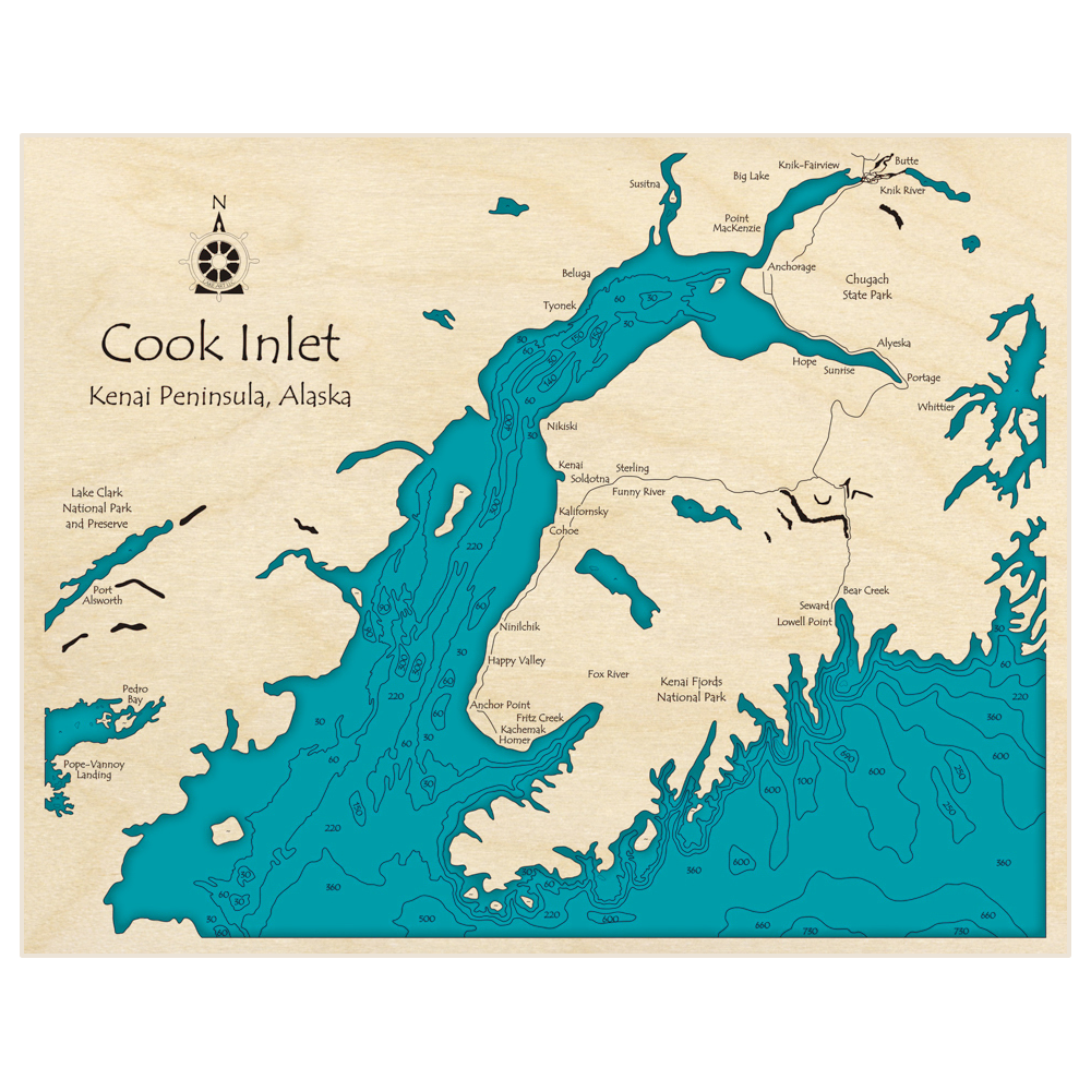 Bathymetric topo map of Cook Inlet with roads, towns and depths noted in blue water
