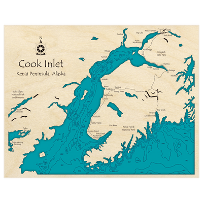 Bathymetric topo map of Cook Inlet with roads, towns and depths noted in blue water