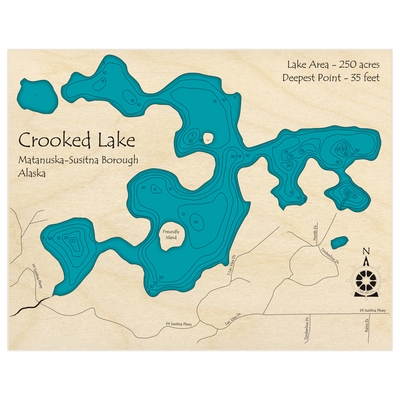 Bathymetric topo map of Crooked Lake with roads, towns and depths noted in blue water