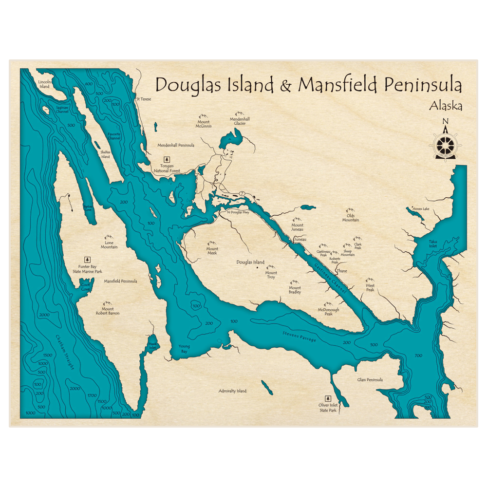 Bathymetric topo map of Douglas Island and Mansfield Peninsula with roads, towns and depths noted in blue water