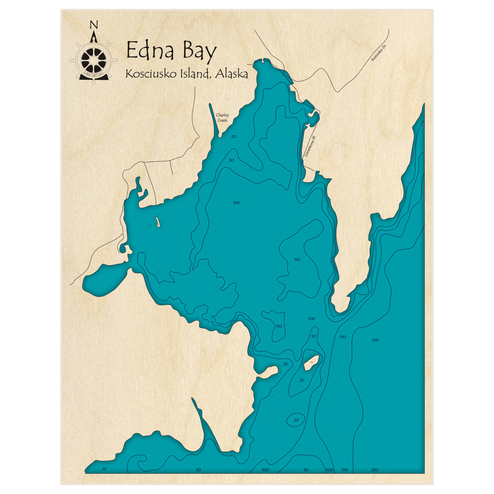 Bathymetric topo map of Edna Bay with roads, towns and depths noted in blue water
