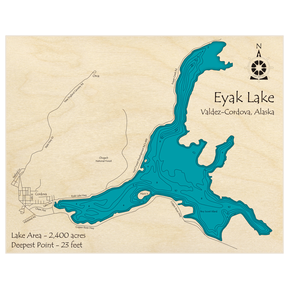 Bathymetric topo map of Eyak Lake with roads, towns and depths noted in blue water