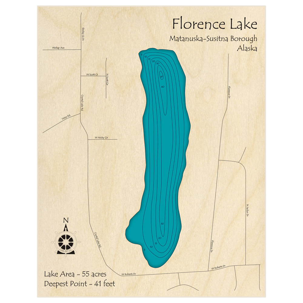 Bathymetric topo map of Florence Lake with roads, towns and depths noted in blue water