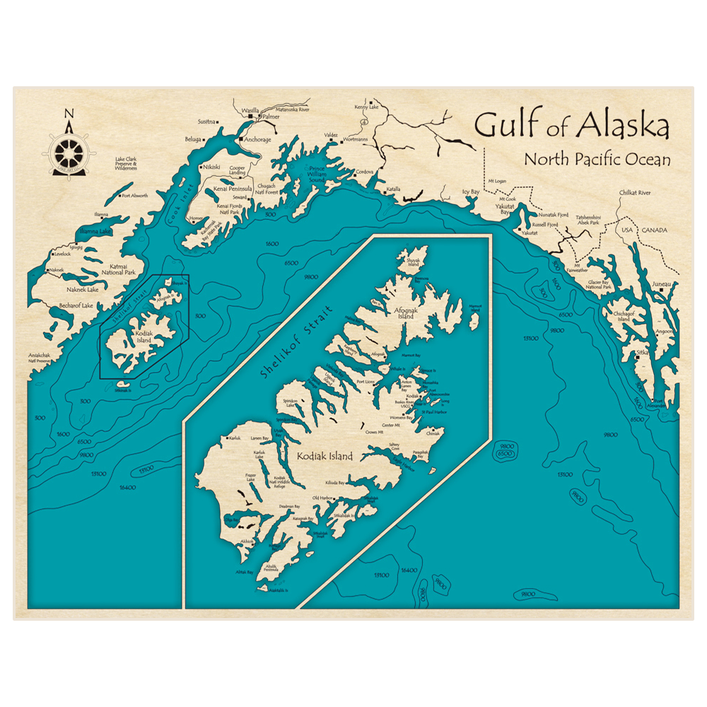 Bathymetric topo map of Gulf of Alaska (Kodiak Islands Inset) with roads, towns and depths noted in blue water