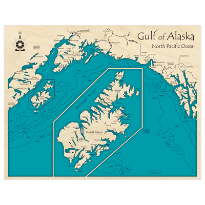 Bathymetric topo map of Gulf of Alaska (Kodiak Islands Inset) with roads, towns and depths noted in blue water