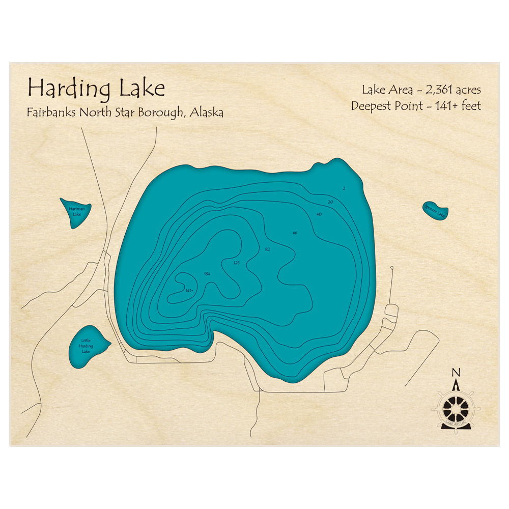 Bathymetric topo map of Harding Lake with roads, towns and depths noted in blue water
