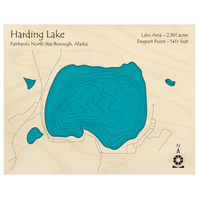 Bathymetric topo map of Harding Lake with roads, towns and depths noted in blue water