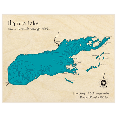 Bathymetric topo map of Iliamna Lake with roads, towns and depths noted in blue water