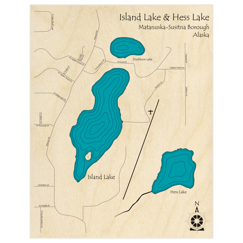 Bathymetric topo map of Island Lake and Hess Lake  with roads, towns and depths noted in blue water