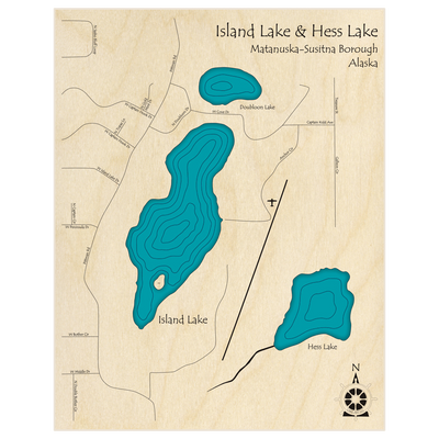 Bathymetric topo map of Island Lake and Hess Lake  with roads, towns and depths noted in blue water