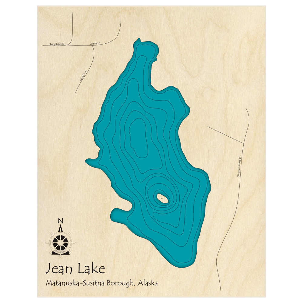 Bathymetric topo map of Jean Lake  with roads, towns and depths noted in blue water