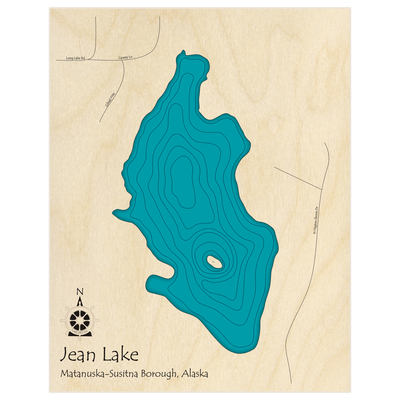 Bathymetric topo map of Jean Lake  with roads, towns and depths noted in blue water