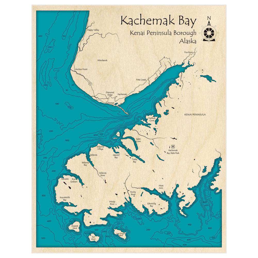 Bathymetric topo map of Kachemak Bay with roads, towns and depths noted in blue water