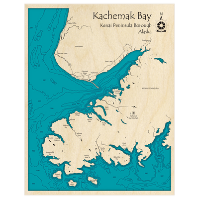 Bathymetric topo map of Kachemak Bay with roads, towns and depths noted in blue water