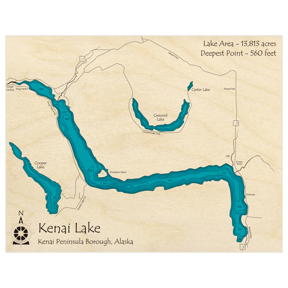 Bathymetric topo map of Kenai Lake with roads, towns and depths noted in blue water
