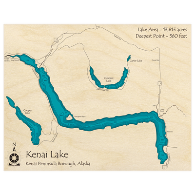 Bathymetric topo map of Kenai Lake with roads, towns and depths noted in blue water