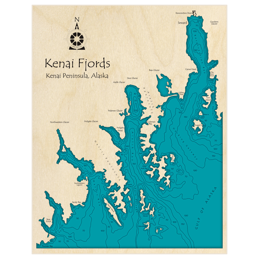 Bathymetric topo map of Kenai Fjords with roads, towns and depths noted in blue water