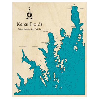 Bathymetric topo map of Kenai Fjords with roads, towns and depths noted in blue water