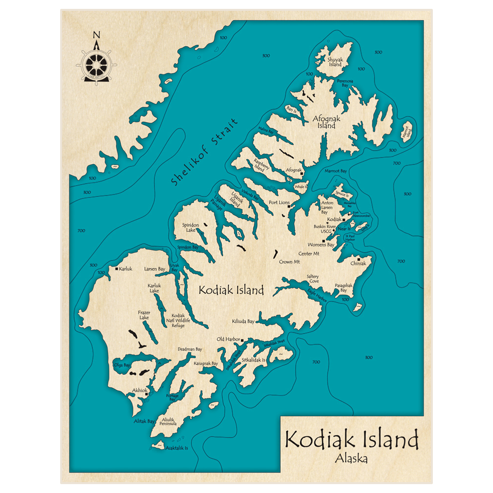 Bathymetric topo map of Kodiak Island with roads, towns and depths noted in blue water