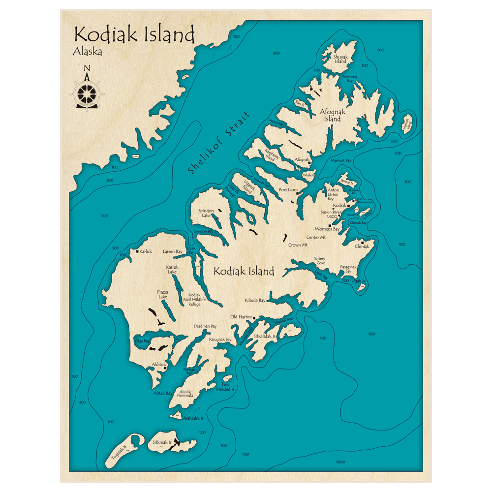 Bathymetric topo map of Kodiak Island (extended to show Tugidak and Sitkinak Islands) with roads, towns and depths noted in blue water