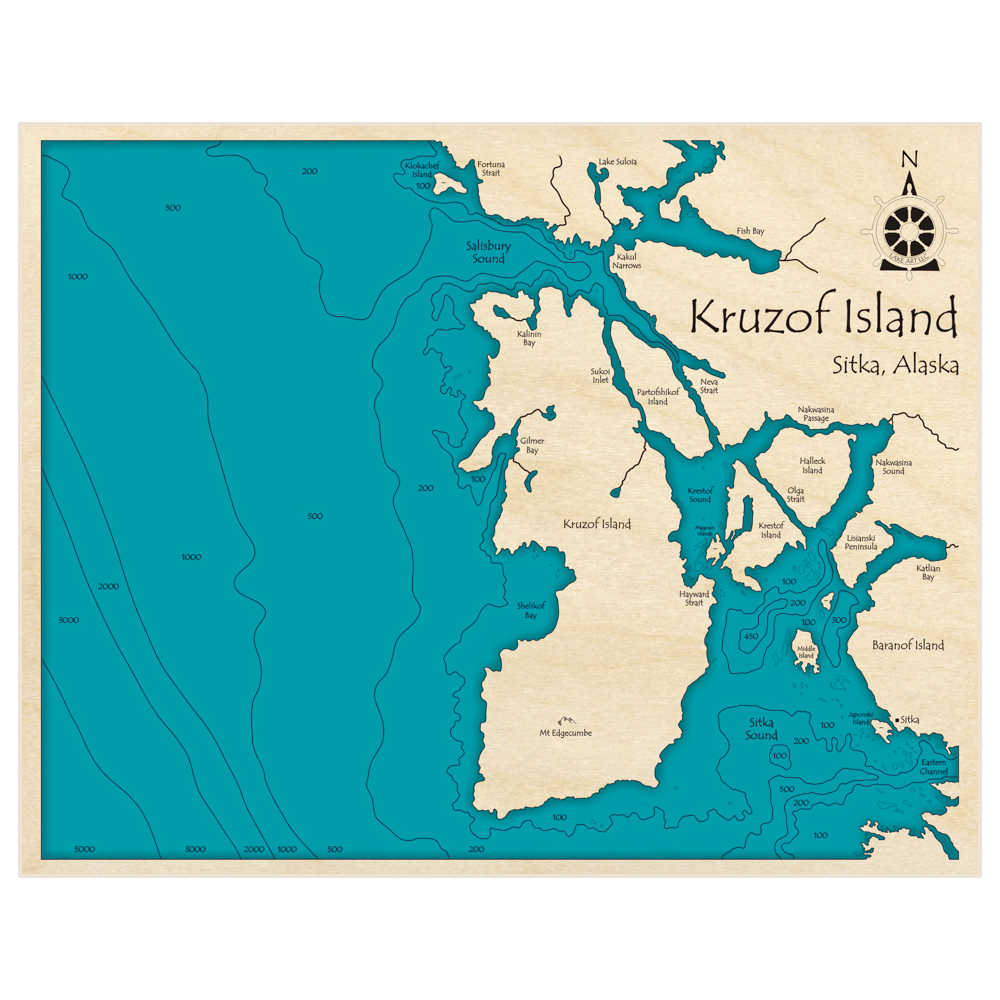 Bathymetric topo map of Kruzof Island with roads, towns and depths noted in blue water