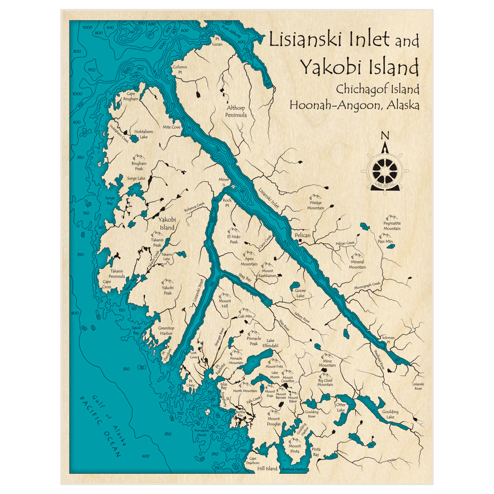 Bathymetric topo map of Lisianski Inlet and Yakobi Island with roads, towns and depths noted in blue water
