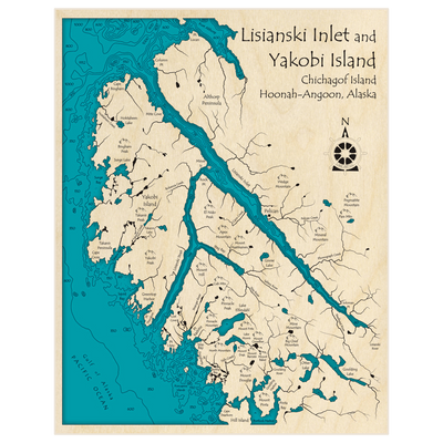 Bathymetric topo map of Lisianski Inlet and Yakobi Island with roads, towns and depths noted in blue water
