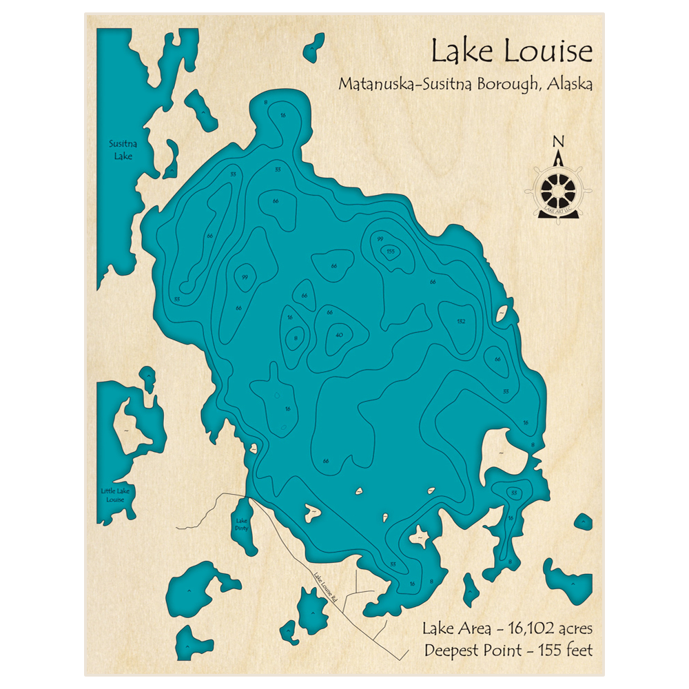Bathymetric topo map of Lake Louise with roads, towns and depths noted in blue water