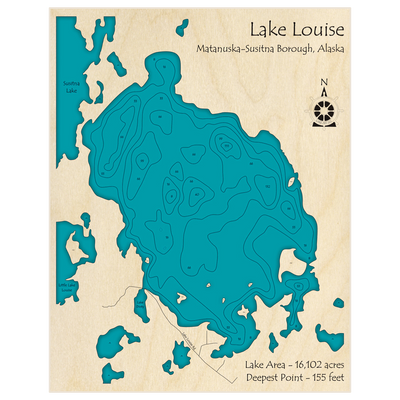 Bathymetric topo map of Lake Louise with roads, towns and depths noted in blue water