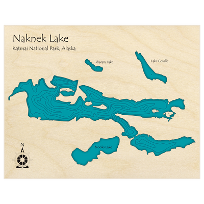 Bathymetric topo map of Naknek Lake  with roads, towns and depths noted in blue water