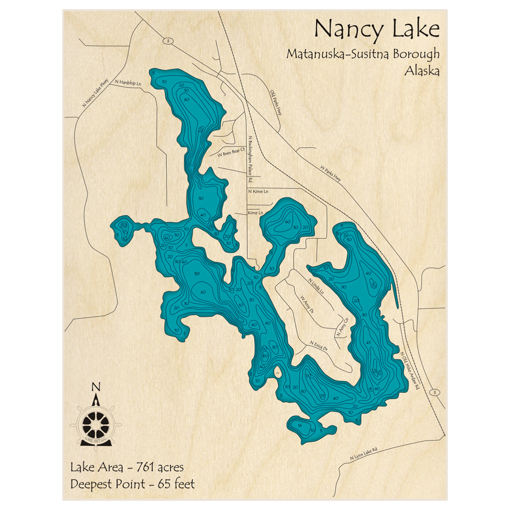 Bathymetric topo map of Nancy Lake with roads, towns and depths noted in blue water