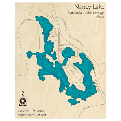 Bathymetric topo map of Nancy Lake with roads, towns and depths noted in blue water
