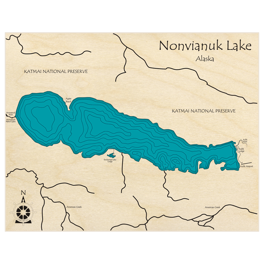 Bathymetric topo map of Nonvianuk Lake  with roads, towns and depths noted in blue water
