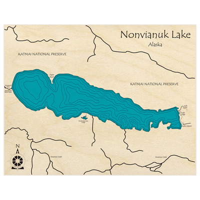 Bathymetric topo map of Nonvianuk Lake  with roads, towns and depths noted in blue water