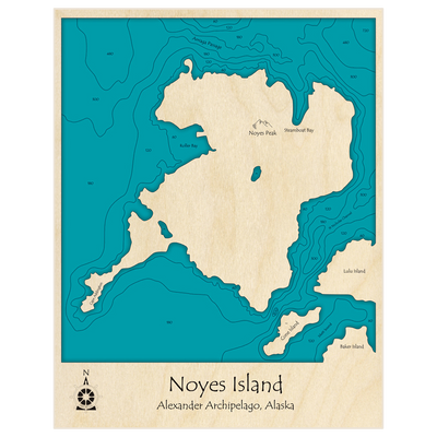 Bathymetric topo map of Noyes Island with roads, towns and depths noted in blue water