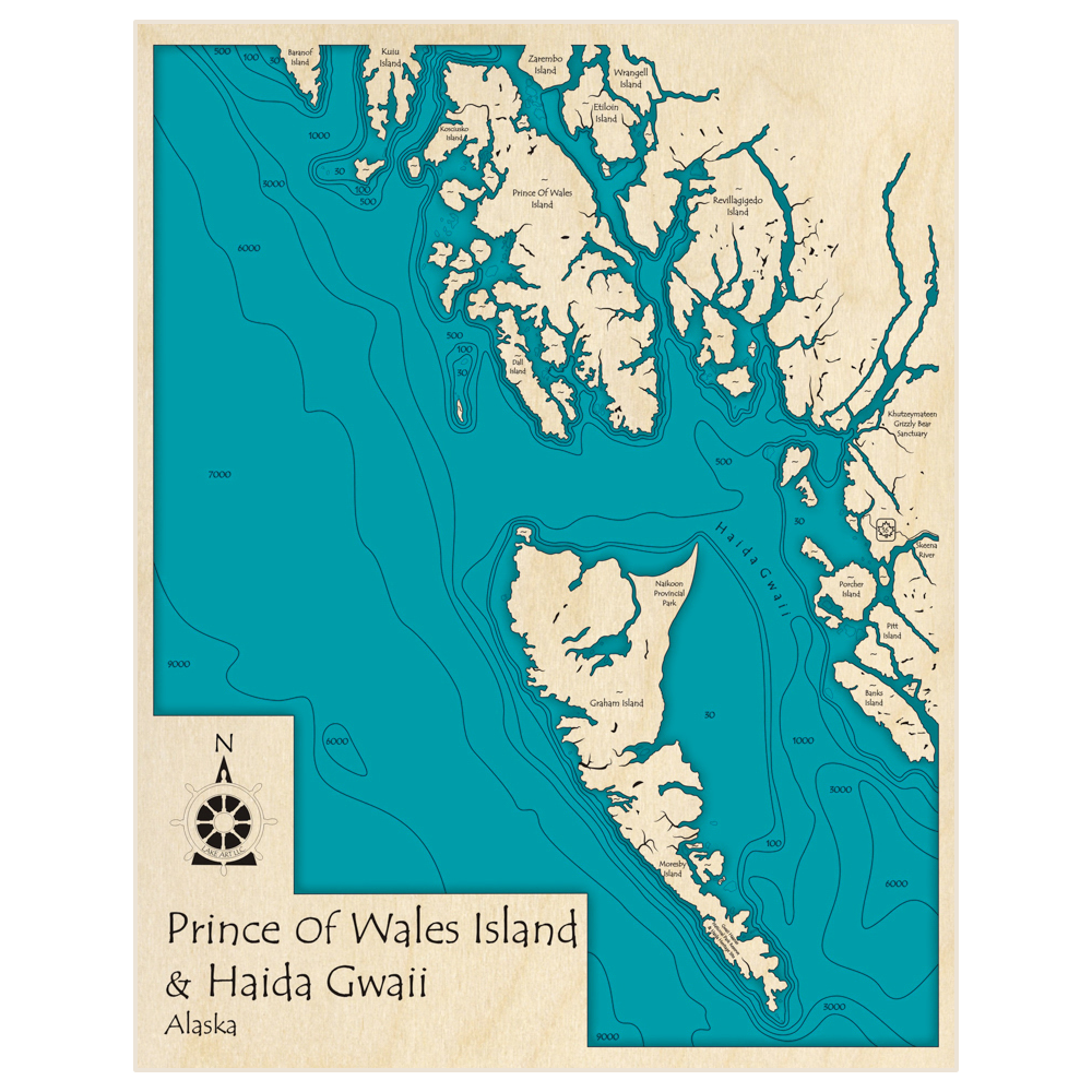 Bathymetric topo map of Prince Of Wales and Haida Gwai (also Shows Graham Island) with roads, towns and depths noted in blue water