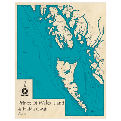 Bathymetric topo map of Prince Of Wales and Haida Gwai (also Shows Graham Island) with roads, towns and depths noted in blue water