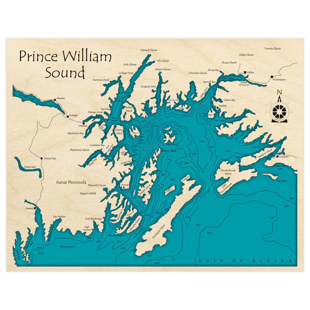 Bathymetric topo map of Prince William Sound with roads, towns and depths noted in blue water