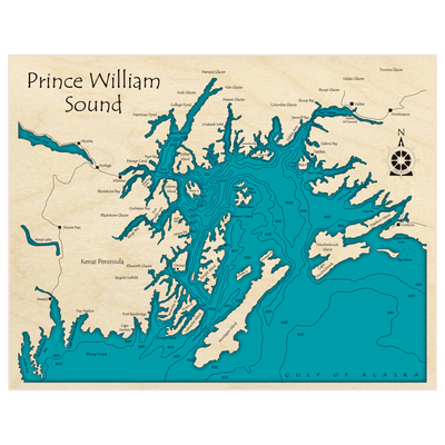 Bathymetric topo map of Prince William Sound with roads, towns and depths noted in blue water