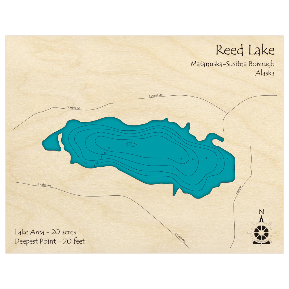 Bathymetric topo map of Reed Lake with roads, towns and depths noted in blue water