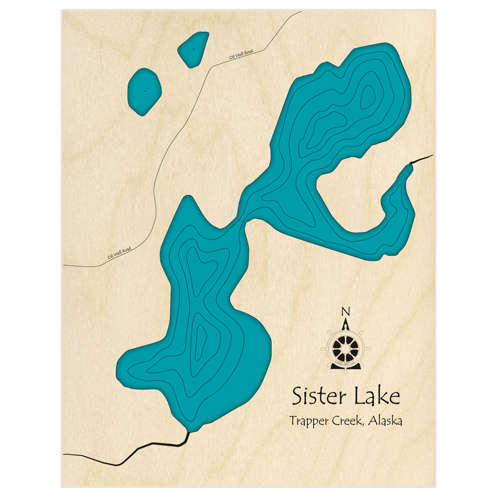 Bathymetric topo map of Sister Lake  with roads, towns and depths noted in blue water