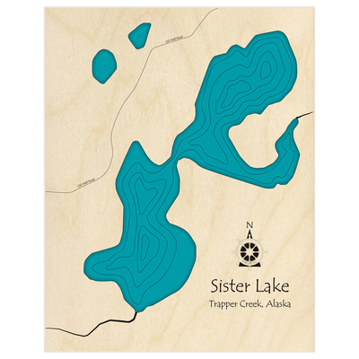 Bathymetric topo map of Sister Lake  with roads, towns and depths noted in blue water
