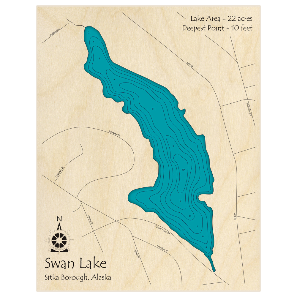 Bathymetric topo map of Swan Lake with roads, towns and depths noted in blue water